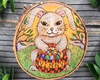 Easter Bunny with Child's Name, Personalized Easter Gifts, Handmade Woodburned and Painted Easter Ornament for Easter Tree or Easter Basket