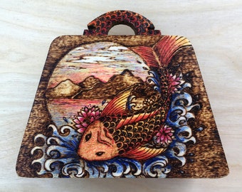 Woodburned Koi Fish Wooden Purse, Asian Art Clutch