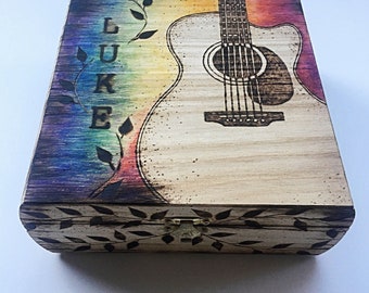 Personalized Woodburned Guitar Stash Box, Custom Music Gift