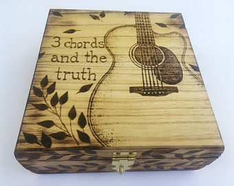 Custom Woodburned Guitar Pick Box, Personalized Keepsake Container for Concert Tickets and Memorabilia