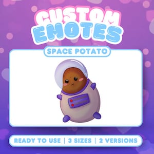 May include: A cartoon potato wearing a purple and blue astronaut suit with a red button. The potato has a brown face with a surprised expression. The text "SPACE POTATO" is above the potato. The text "READY TO USE | 3 SIZES | 2 VERSIONS" is below the potato.