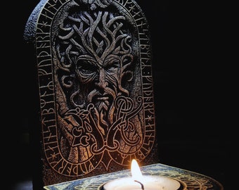 Candlestick with Odin and runes, altar pagan ritual decor, Wooden candlestick for one candle