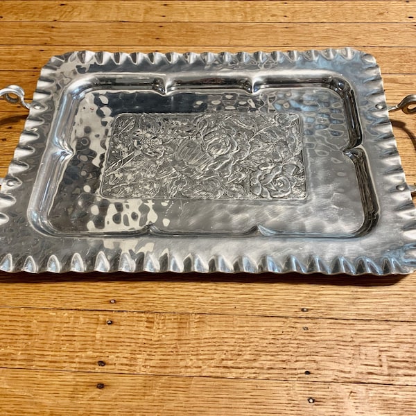 Vintage Chromwell Hand Wrought Aluminum Tray Roses Handles Decorative Rectangle