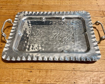 Vintage Chromwell Hand Wrought Aluminum Tray Roses Handles Decorative Rectangle