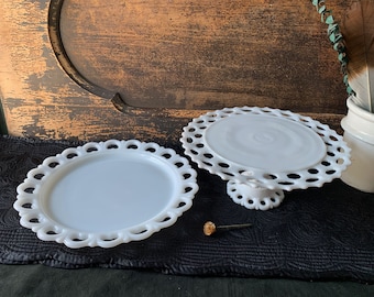 Milk glass cake stand Cake plate heart or lace edge hanging cups