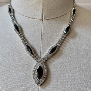 Vintage Black Rhinestone and clear crystal necklace 80s glam