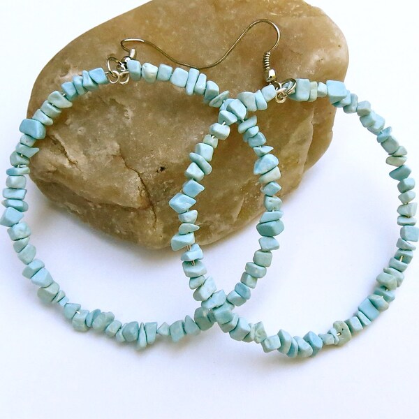 Turquoise beaded hoop earrings - Large hoops - powder blue - Large beaded hoops - boho hoop earrings - blue hoop earrings