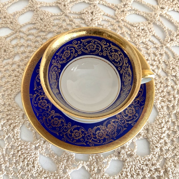 Antique Cup and Saucer Blue and Gold Imperial Bavaria Porcelain Porzellan Collectible cup