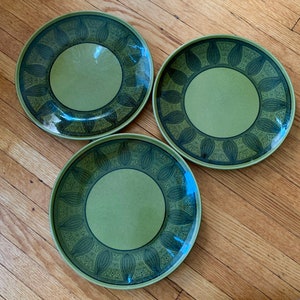 Vtg Taylor Smith Ironstone MCM ATOMIC ONION Green Dinner Plate Set of 3 10.25&quot;