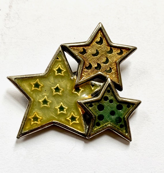 80s 90s Three star brooch enamel and gold Hipster 