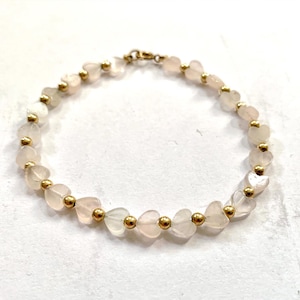 Pale Rose quartz beaded heart bracelet-Gold filled clasp-beaded hearts