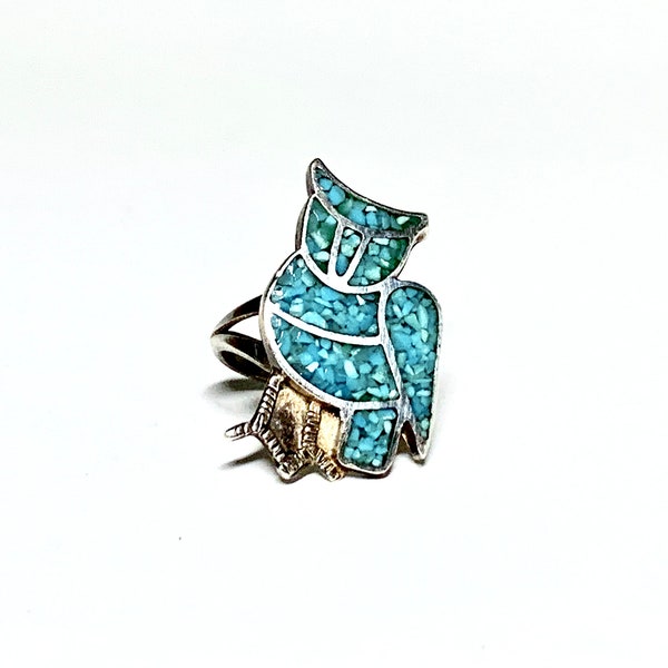 Sterling silver owl ring-Native American-blue inlay-small size 3 1/2