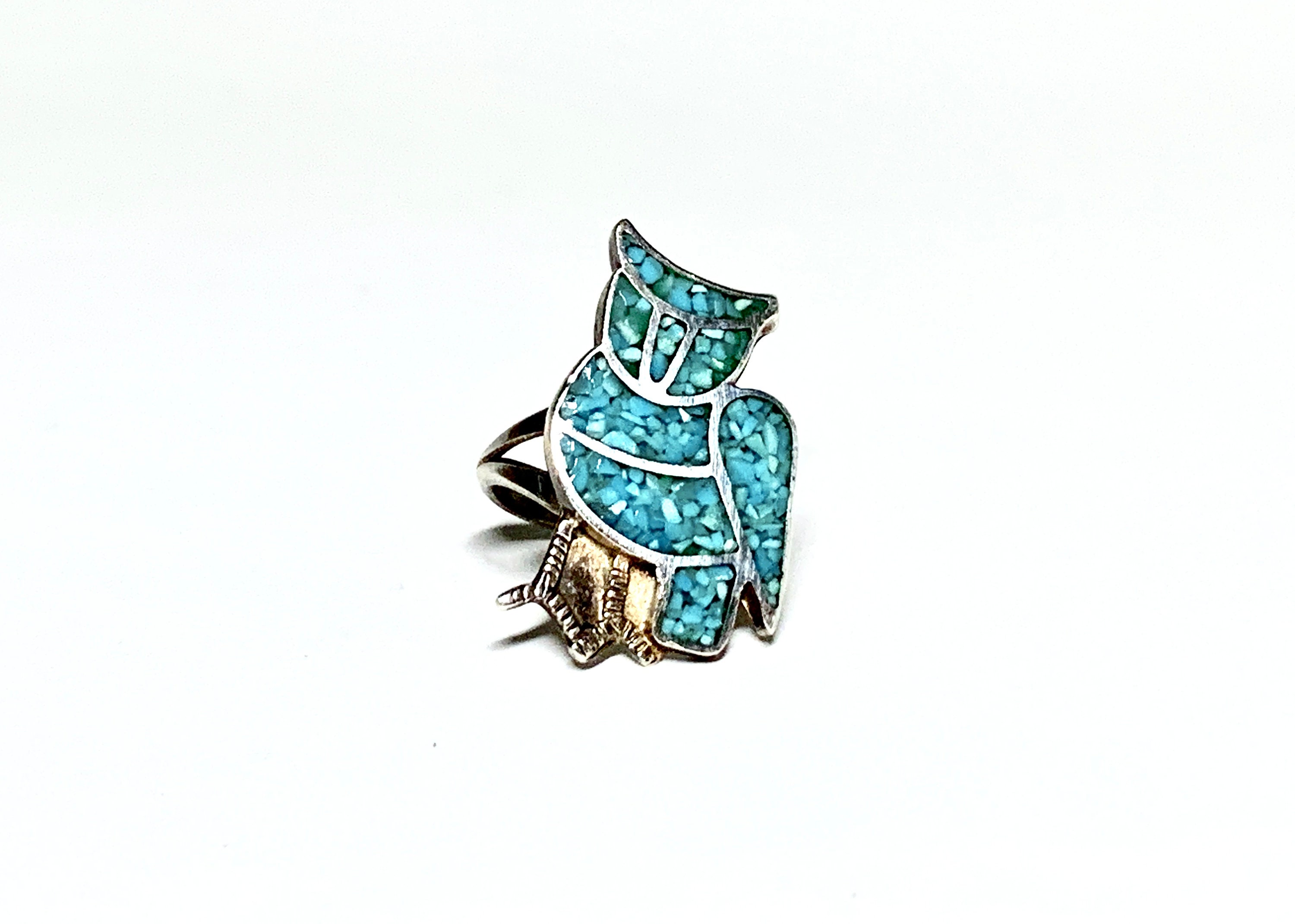 Sterling silver owl ring-Zuni Native American-blue inlay-small size 3 1/2