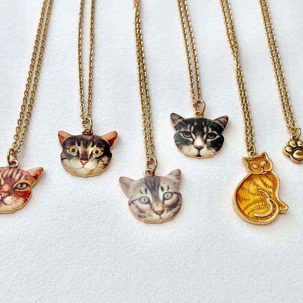 Cat necklace-kitty cat-cat face-paw print-orange cat-tabby