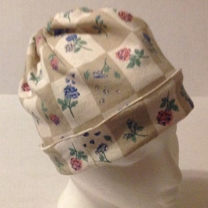 Stretch Knit Check Rose Beanie Hat Slouchy Messy Bun Handmade Ponytail