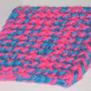 Hand Knitted Thick Pink/Blue Neon Pot Holder Trivet 7&quot; Square
