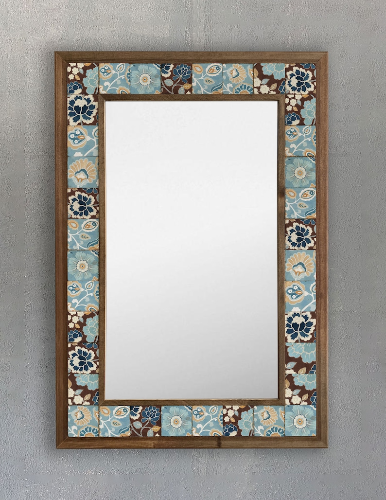 Vintage Mirror Tile Mirror Frame Wood Wall Mirror Blue Etsy