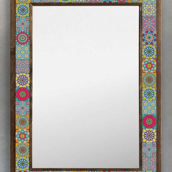 Boho Mirror, Organic Mirror, Rustic Mirror, Mosaic Tile, Handmade Ceramic Wall Mirror, Wooden Frame, Wooden Stone Mirror,Ceramic Tile Mirror