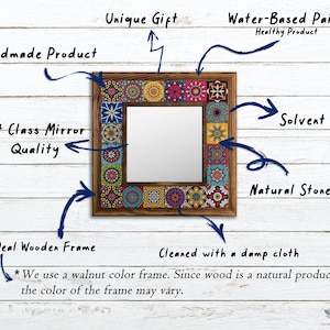 May include: Square mirror with a wooden frame and colorful tile accents. The mirror is handmade with a walnut color frame and features a natural stone tile design. The product is solvent-free and cleaned with a damp cloth.