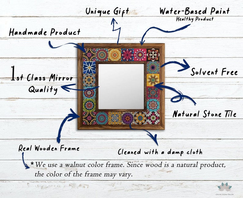 May include: Square mirror with a wooden frame and colorful tile accents. The mirror is handmade with a walnut color frame and features a natural stone tile design. The product is solvent-free and cleaned with a damp cloth.
