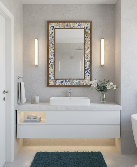 Mosaic Tile, Handmade Ceramic Wall Mirror, Natural Stone, Antiqued Mirror Bath Mirror, Rustic Mirror, Gift, Beautiful Handmade Wall