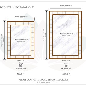 May include: Two rectangular mirrors with wooden frames, one 21" x 29" and the other 25" x 37". The mirrors have a white and gray marbled design. The text on the image reads "Product Informations", "44 Piece Tile", "Size 4", "56 Piece Tile", and "Size 7".