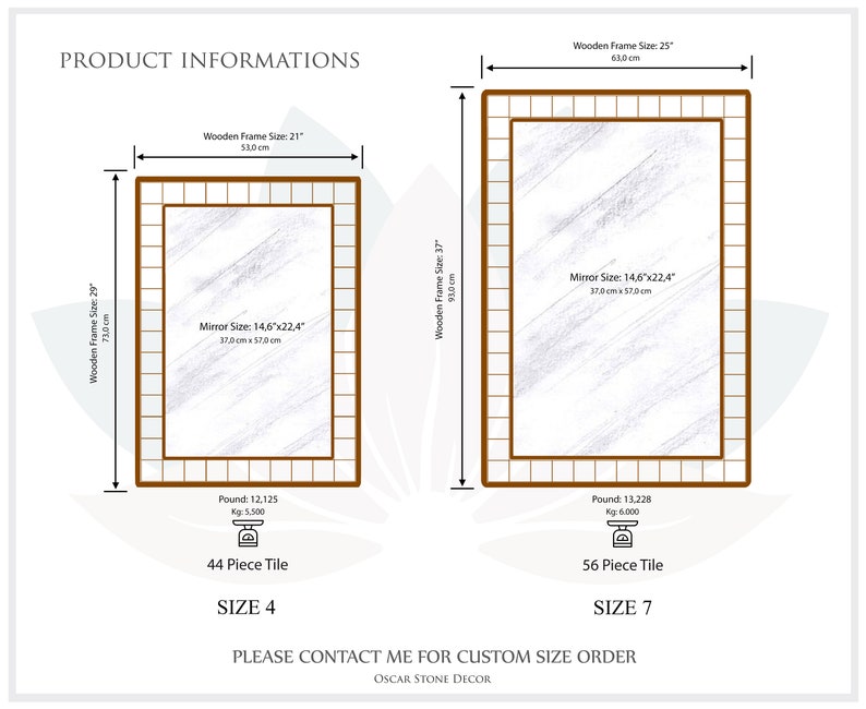 May include: Two rectangular mirrors with wooden frames, one 21" x 29" and the other 25" x 37". The mirrors have a white and gray marbled design. The text on the image reads "Product Informations", "44 Piece Tile", "Size 4", "56 Piece Tile", and "Size 7".