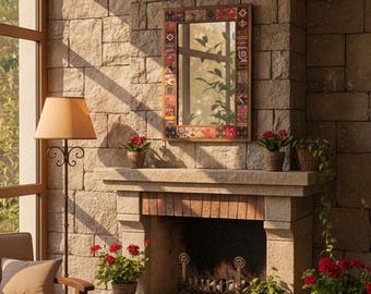 Travertine Stone Mosaic Mirror: Handmade Wooden Tile Wall Decor