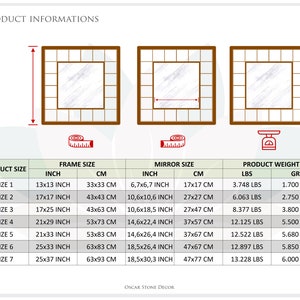 May include: Product information chart for square mirrors. Includes frame size, mirror size, and product weight for seven different sizes. Measurements are provided in inches, centimeters, pounds, and grams. The brand name "OSCAR STONE DECOR" is at the bottom.