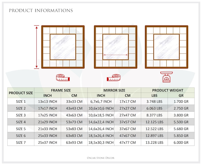 May include: Product information chart for square mirrors. Includes frame size, mirror size, and product weight for seven different sizes. Measurements are provided in inches, centimeters, pounds, and grams. The brand name "OSCAR STONE DECOR" is at the bottom.