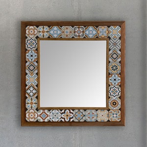 Unique Wooden Stone Mirror, Design Decorative Wall Hanging Ceramic Tile Mirror, Big Wall Mirror, Art Deco Wall Mirror, Christmas Gift, Tile
