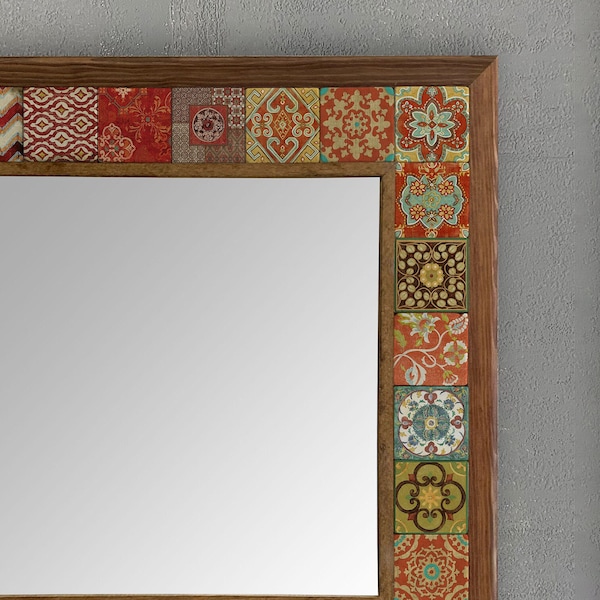 Unique Handmade Wooden Stone Mirror, Decorative Wall Hanging Ceramic Tile Mirror, Handmade Decorative Tile Mirror, Wooden, Christmas Gift