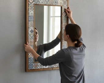 Handcrafted Vintage Wall Mirror, Marble Tile, Home Decor Mirror, Talavera Tile, Wall Hanging Mirror, Tile, Water Based Paint, Christmas Gift