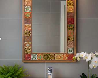 Unique Handmade Wooden Stone Mirror, Decorative Wall Hanging Ceramic Tile Mirror, Handmade Decorative Tile Mirror, Wooden, Christmas Gift