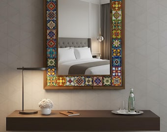 Antiqued mirror  for new home,  Handmade Decorative Wall Hanging Ceramic Tile Mirror, Decorative Wall Hanging Tile Mirror, Christmas Gift