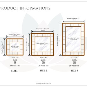 May include: Product information graphic showing three sizes of decorative tile mirrors. Each mirror has a wooden frame and a grid pattern. The sizes are 13" x 13", 17" x 17", and 17" x 25". The text includes mirror dimensions and weight.