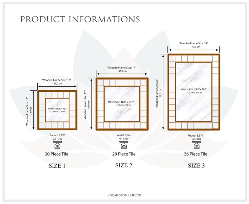 May include: Product information graphic showing three sizes of decorative tile mirrors. Each mirror has a wooden frame and a grid pattern. The sizes are 13" x 13", 17" x 17", and 17" x 25". The text includes mirror dimensions and weight.