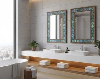 Travertine Tile Mirror with Wooden Frame: Rustic Stone Mosaic Wall Decor