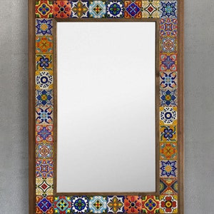Mistic Talavera Travertine Mirror, Rustic Hacienda Stone Mosaic Wall Decor