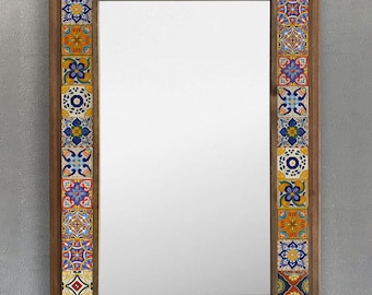 Handmade Mexican Talavera Travertine Mirror, Rustic Hacienda Wall Mirror, Natural Stone Mosaic Decor, Southwestern Bathroom Vanity Mirror