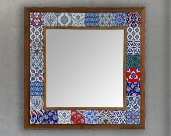 Mirror Wall Decor, Ceramic Wooden Wall Mirror, Bathroom Vanity Mirror, Rustic Mirror, Bath Mirror, Turkish Tile Cini, Christmas Gift,İznik