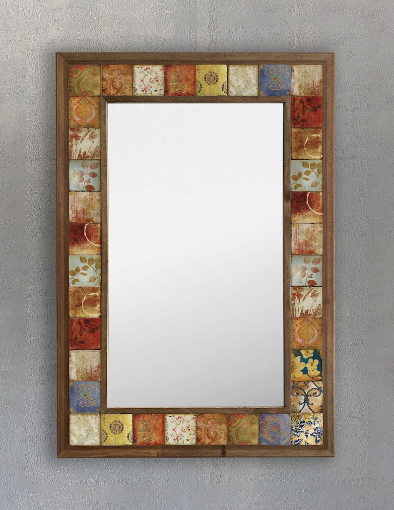 Handmade Mosaic Tile Mirror: Travertine & Wood Frame - Etsy