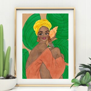 May include: A digital illustration of a woman with brown skin wearing a yellow turban and a coral-colored dress. She is holding a seashell to her ear and is surrounded by green tropical leaves.