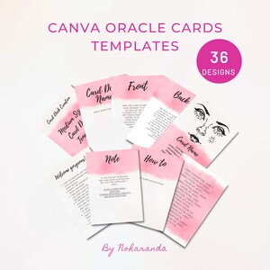 Puede incluir: Un conjunto de 36 plantillas de cartas de or&aacute;culo Canva de color rosa y blanco con fondos de acuarela. Las cartas presentan una variedad de dise&ntilde;os, que incluyen ojos, estrellas y texto. El texto en las cartas incluye "Card Deck Creation", "Medium Size Card Deck", "Card Name", "Front", "Back", "Note", "How to", "Welcome gorgeous!" y "By Noharanda".