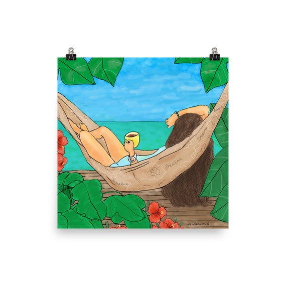 hammock print, tropical art, bohemian decor, visualise, boho art, noharanda, giclee art, coffee lover, home decor, wall art, positive vibes