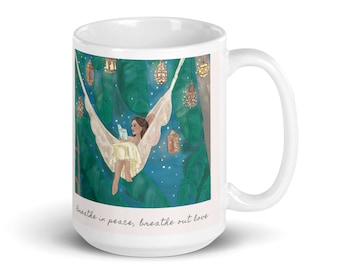 Breathe mug, boho mug, hammock mug, illustrated mug, noharanda