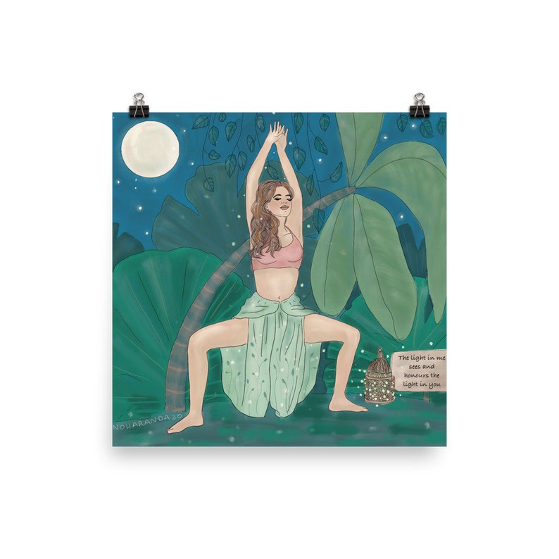 May include: A woman in a green skirt and pink top performs a yoga pose in a forest setting. The moon is visible in the night sky, and fireflies illuminate the scene. The text "The light in me sees and honours the light in you" is written on a small lantern.