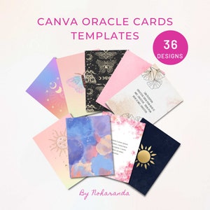 Puede incluir: Un conjunto de 36 plantillas de cartas de or&aacute;culo Canva con varios dise&ntilde;os con temas celestiales, florales y de acuarela. Los dise&ntilde;os incluyen mariposas, lunas, soles, flores y hojas de ginkgo. El texto "Canva Oracle Cards Templates" y "36 Designs" es visible en la imagen.