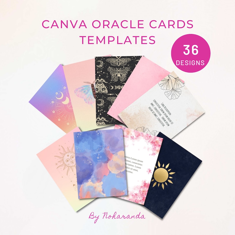 Puede incluir: Un conjunto de 36 plantillas de cartas de or&aacute;culo Canva con varios dise&ntilde;os con temas celestiales, florales y de acuarela. Los dise&ntilde;os incluyen mariposas, lunas, soles, flores y hojas de ginkgo. El texto "Canva Oracle Cards Templates" y "36 Designs" es visible en la imagen.