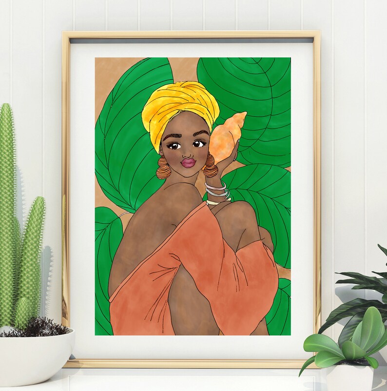 May include: A digital illustration of a woman with brown skin wearing a yellow turban and a coral-colored dress. She is holding a seashell to her ear and is surrounded by green tropical leaves.